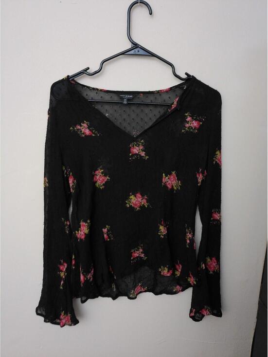 Lucky Brand Tops - Lucky Brand Blouse Womens Black Floral Swiss Dot Sheer V-Neck Long Sleeve S